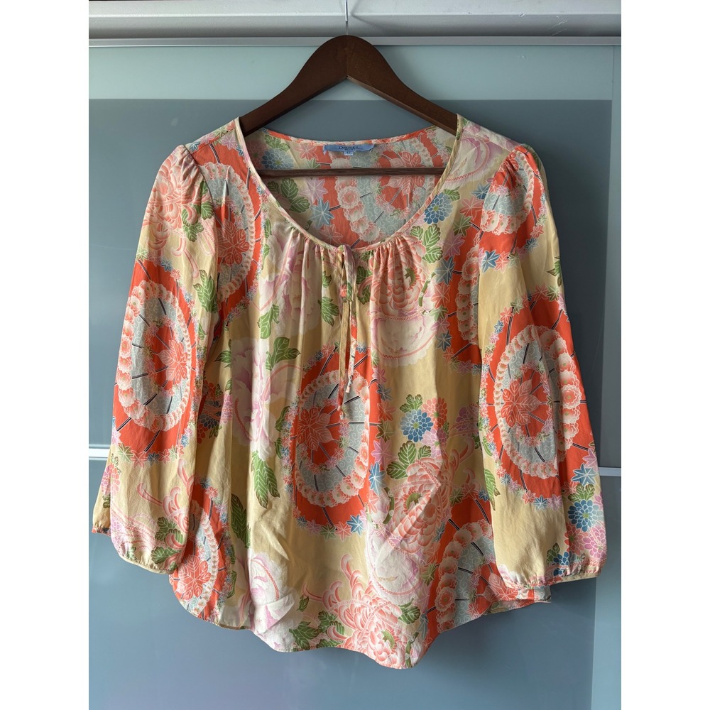 Darel Blue 100% Silk Floral Chinoiserie Blouse Orange French 42 Gerard Dainty
